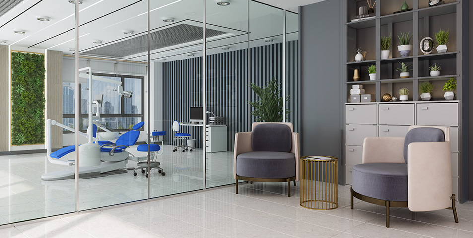 A dental practice with a glass separator